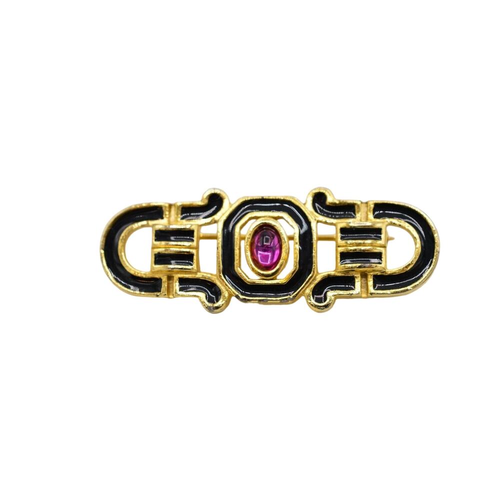 Sphinx Vintage Cabochon Pin Brooch Gold Black Enamel Purple Lucite Signed Bin1